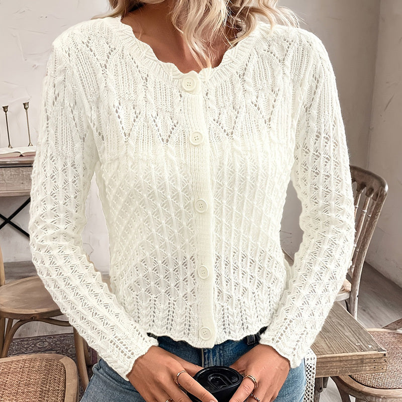 Women's Solid Color Elegant Round Neck Cardigan Top - Button Front Openwork Knit Top For Spring&Summer CJ US
