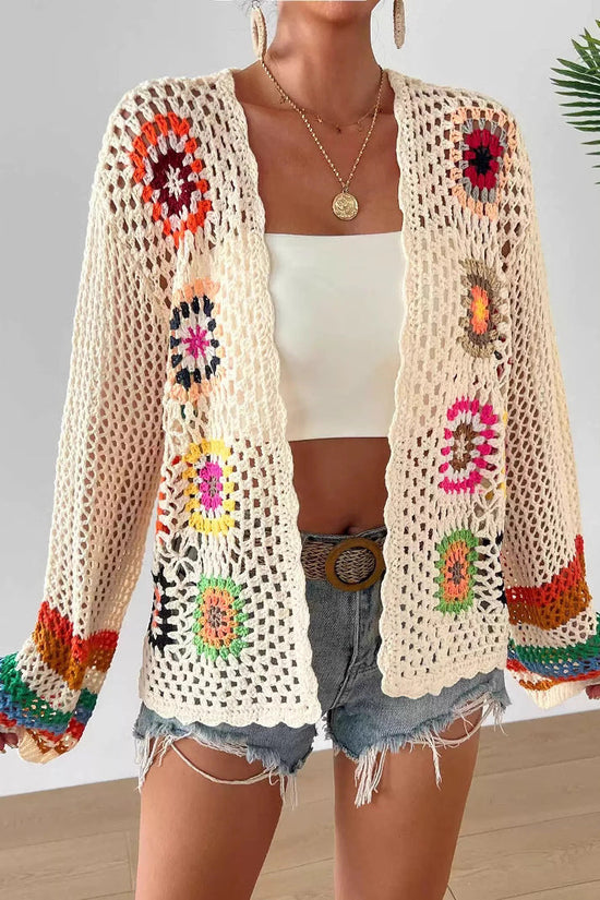 Hand-crocheted Floral Sweater With Random Color Blocks 