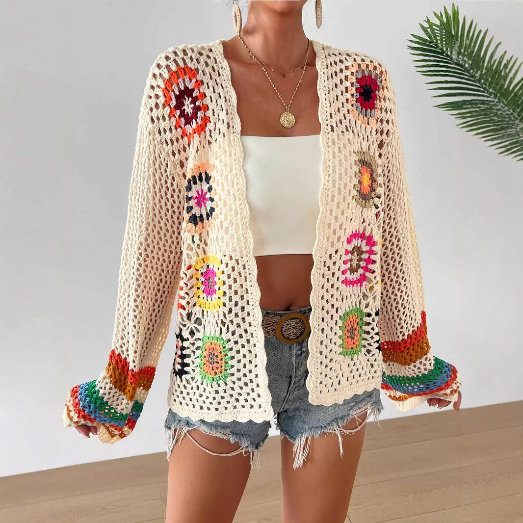 Hand-crocheted Floral Sweater With Random Color Blocks 