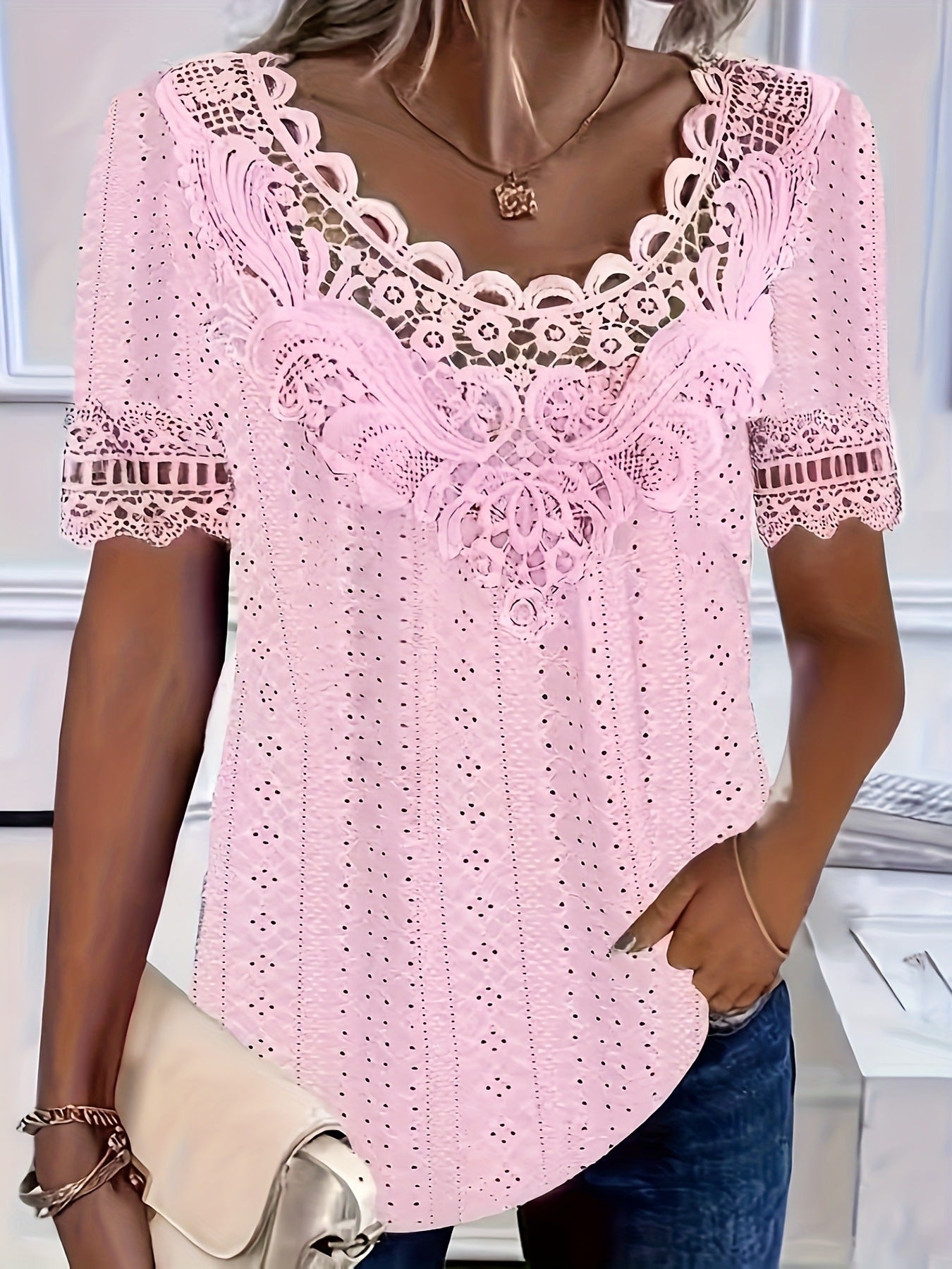 Women's Lace-Patchwork Crew-Neck Short-Sleeve T-Shirt 