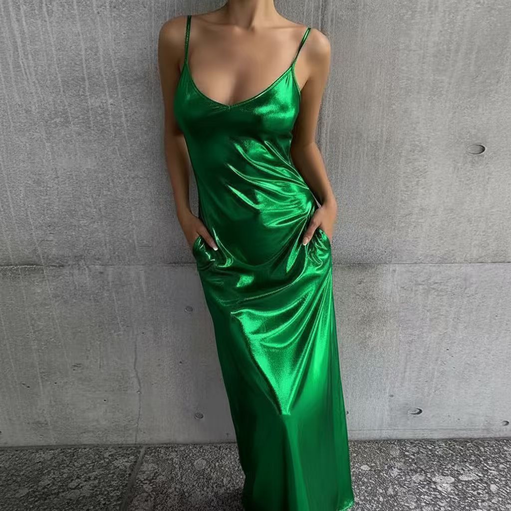 Textured Mirror-Finish Pocket Solid-Color Slip Dress With U-Neck For Women 