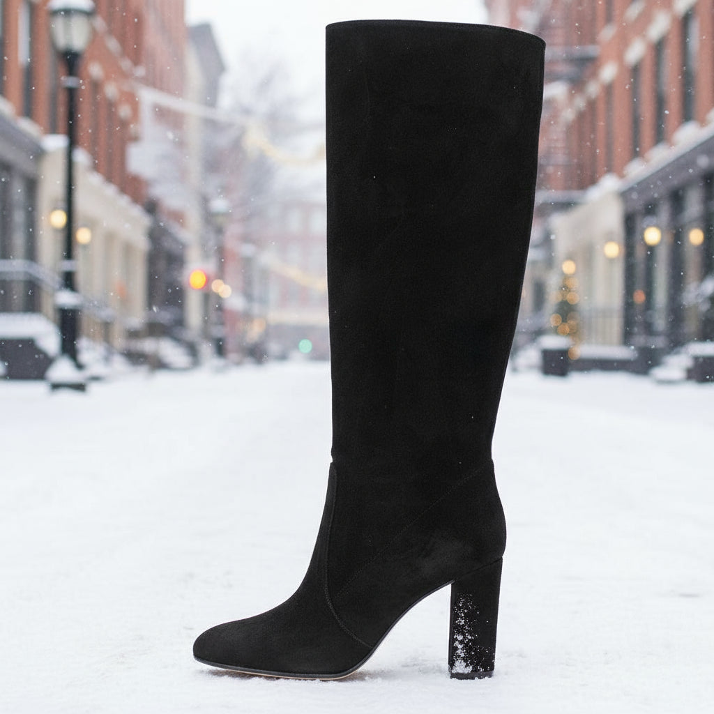 Suede Pleated High Heel Thick Heel Pointed Sleeve Boots CJ