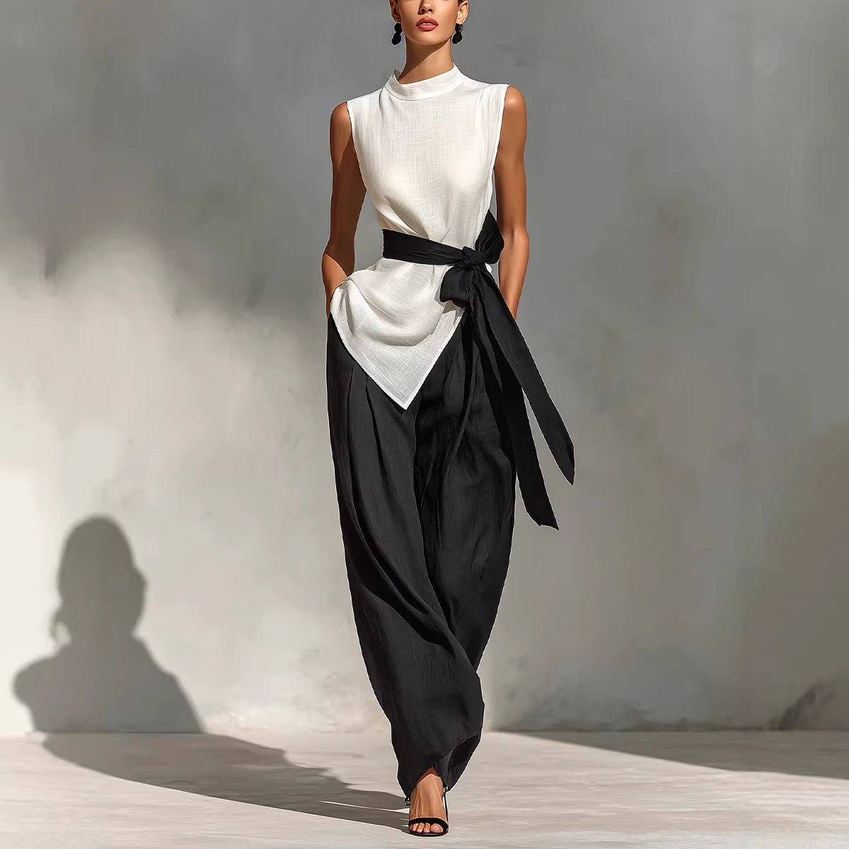 Womens Lace-Up Sleeveless Top And Wide-Leg Pants Two-Piece Set 