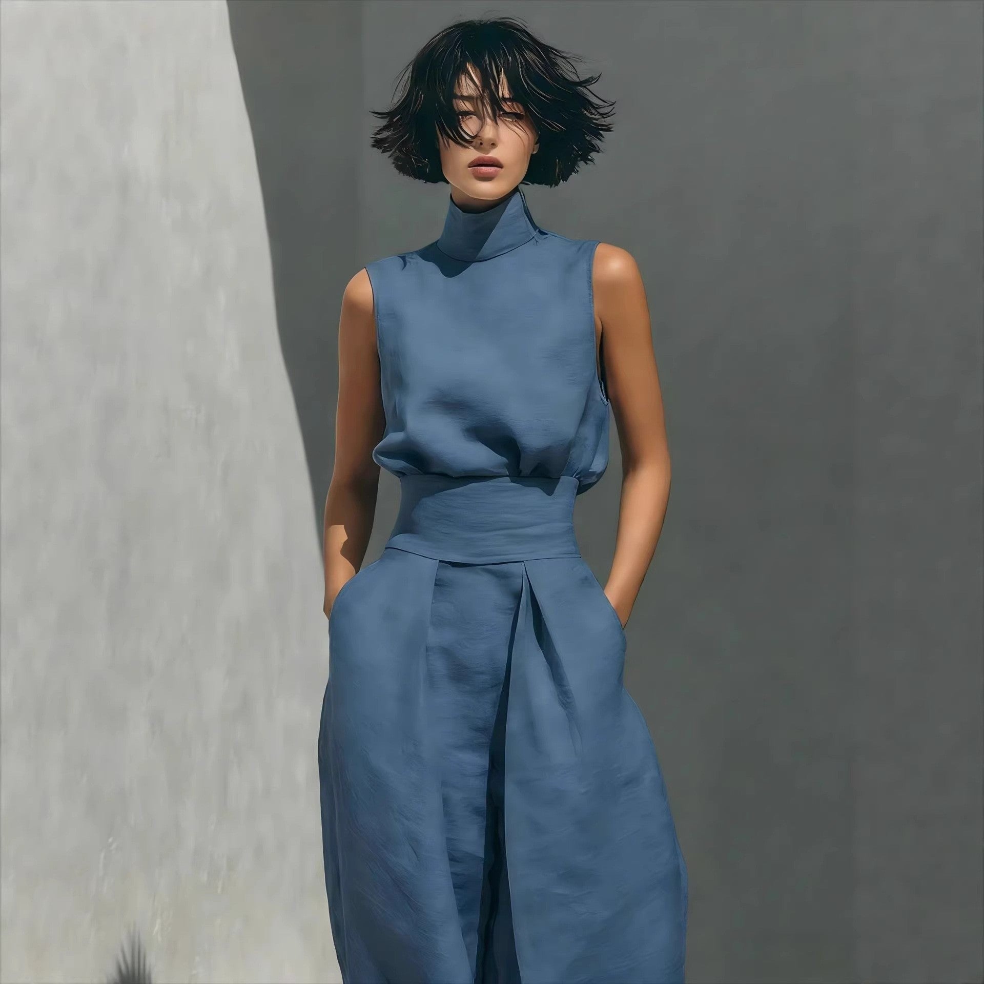 Womens Cotton-Linen Blend Sleeveless Top And Wide-Leg Pants Set 