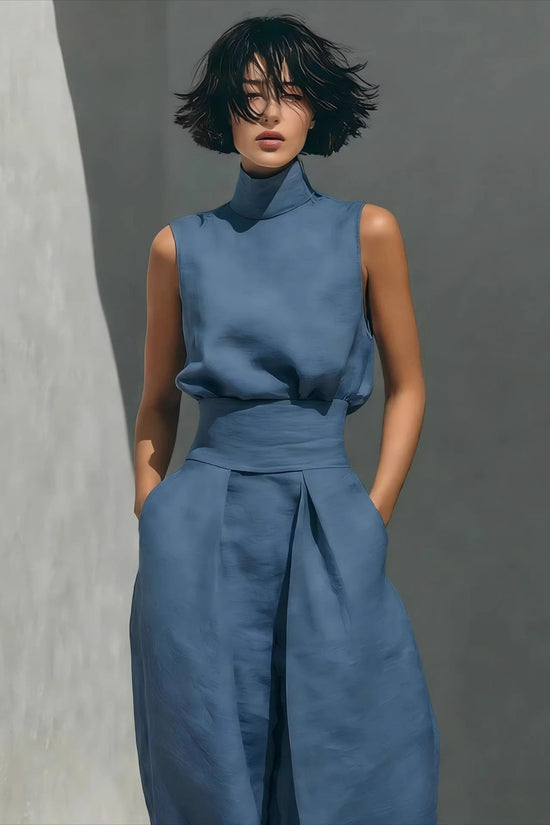 Womens Cotton-Linen Blend Sleeveless Top And Wide-Leg Pants Set 