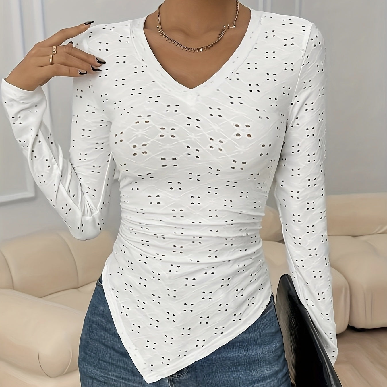 Women’s Hollow Out V-Neck Long Sleeve Top CJ