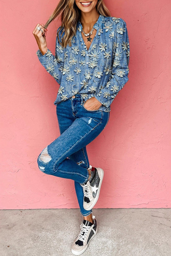 Retro Printed Chiffon Blouse Womens Textured Long-Sleeve Top 