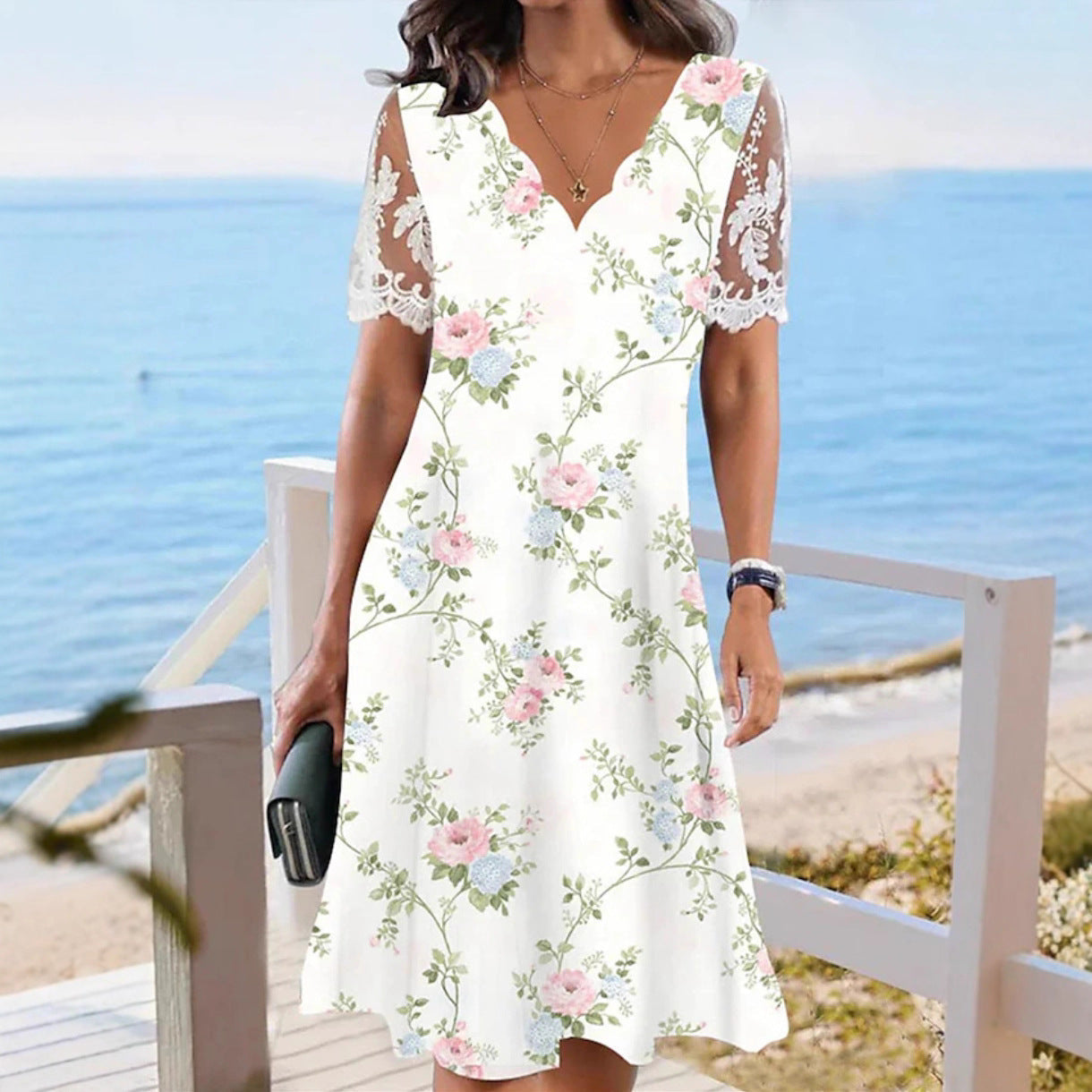Lace Short-sleeve Floral Dress Women's Clothing 
