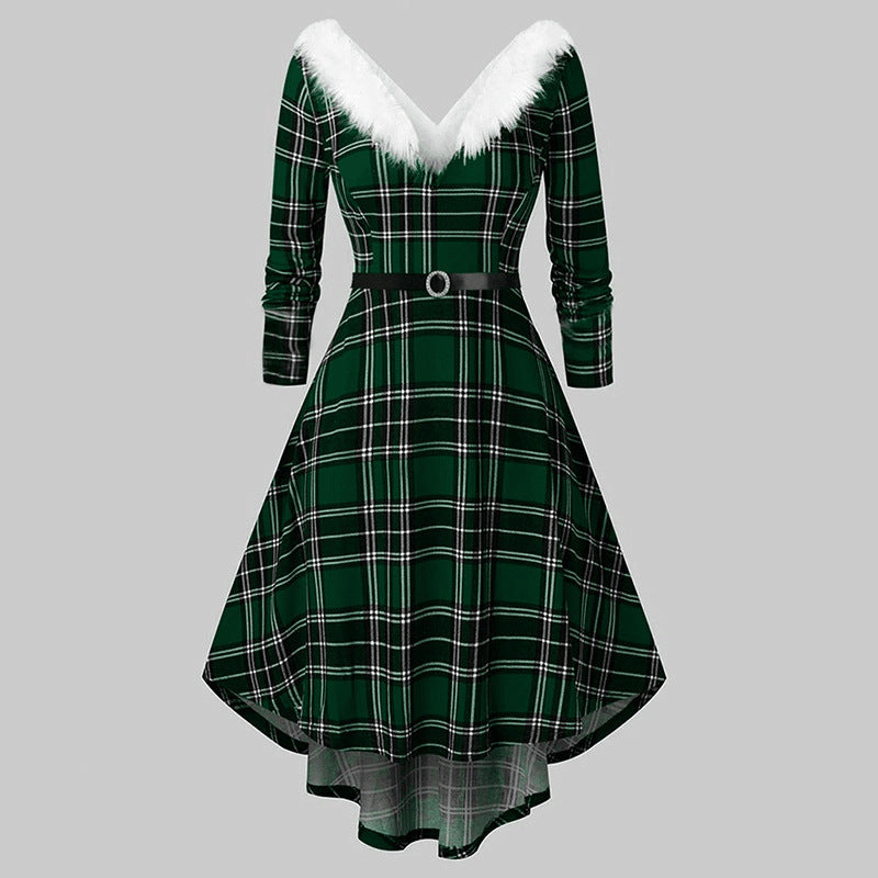 Christmas Women's Fur Patchwork V-neck Long Sleeved Dress CJ