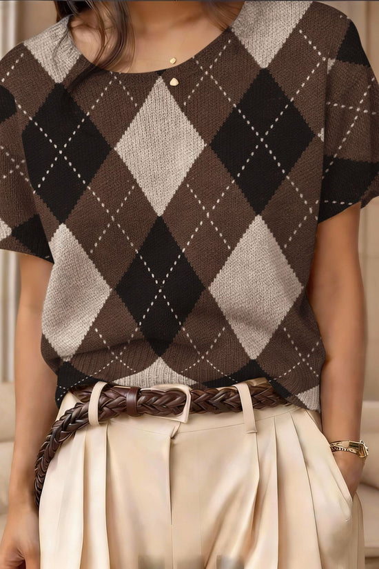 Retro Short-Sleeve Sweater Contrast-Color Jacquard Knit Top 