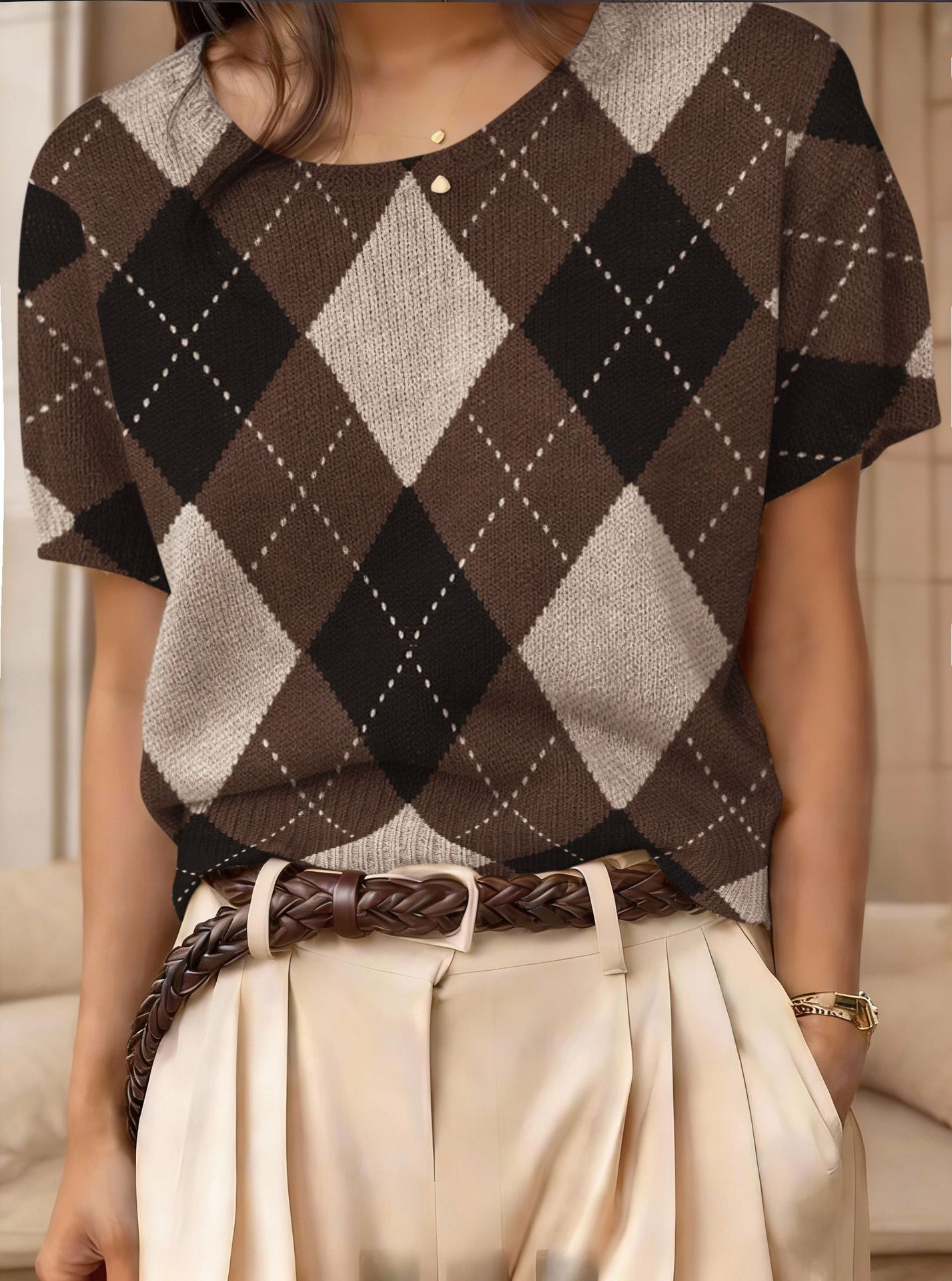 Retro Short-Sleeve Sweater Contrast-Color Jacquard Knit Top 