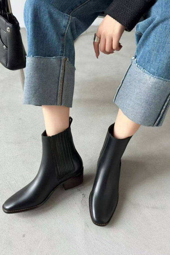 Mid-heel Chunky-heel Retro Square-toe Matte Leather Womens Boots 
