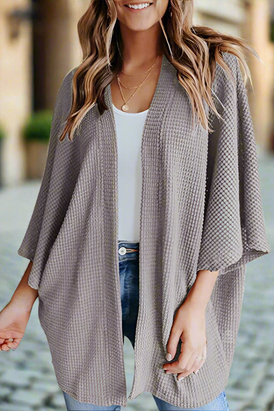 Women’s Bat Sleeve Knit Cardigan – Waffle Texture Open Front Sweater CJ US