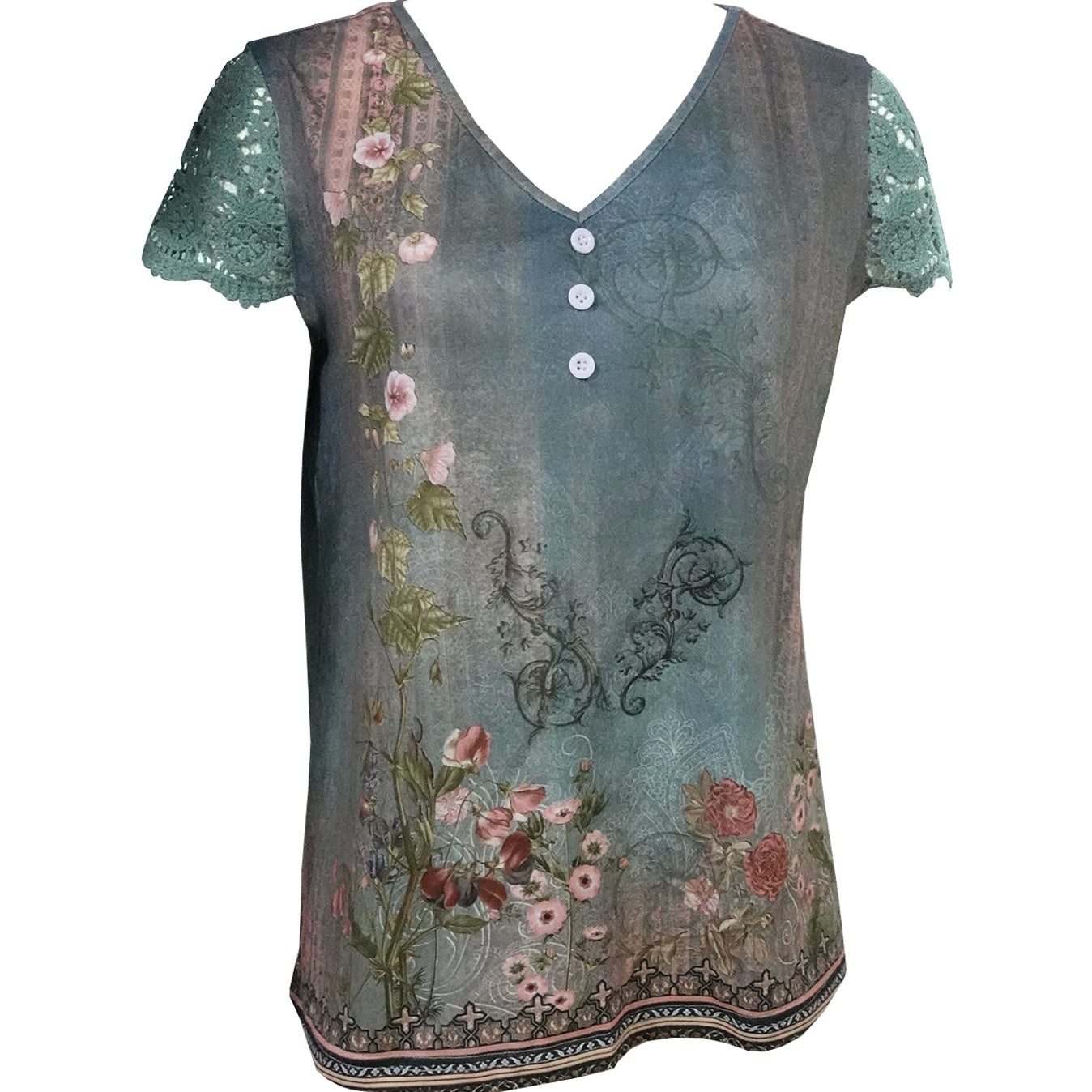 Ladies' Floral Print Fashionable Versatile Lace Patchwork Sleeves Elegant Style Short Sleeved Shirt Top CJ