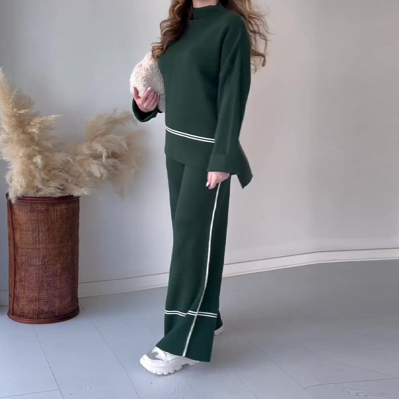 Women’s Solid Color Casual Two-Piece Set – Loose Top & Bootcut Pants Suit - FitiqueFit