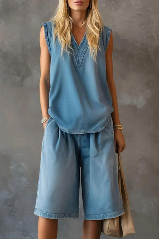 Womens V-neck Sleeveless Loose Top And Casual Wide-leg Shorts Set 