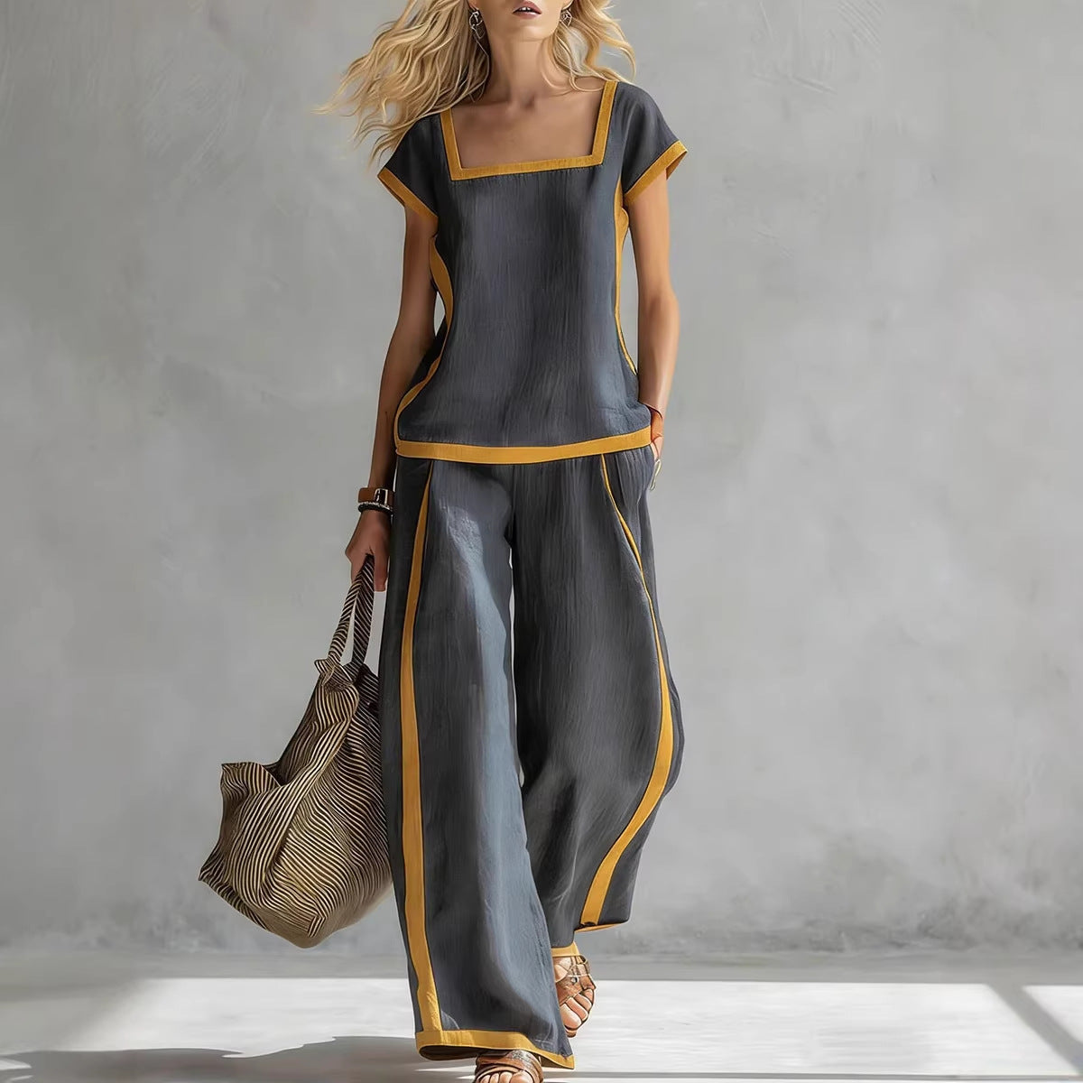 Women's Casual Square-Neck Short-Sleeve Pants Set 