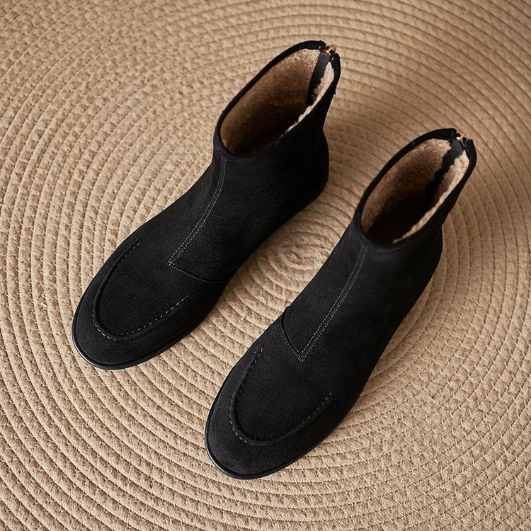 Womens Fleece-Lined Thick Simple Stylish Round-Toe Low-Heel Ankle Boots For FallWinter 