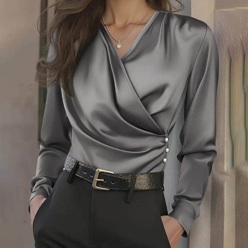 Women's Elegant Cross V-Neck Blouse, Ruffle Detail Button Accent Office Shirt For Casual Wear 