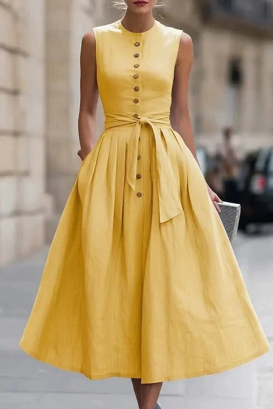 Fitted-waist, Sleeveless Cotton-linen Solid-color Maxi Dress 