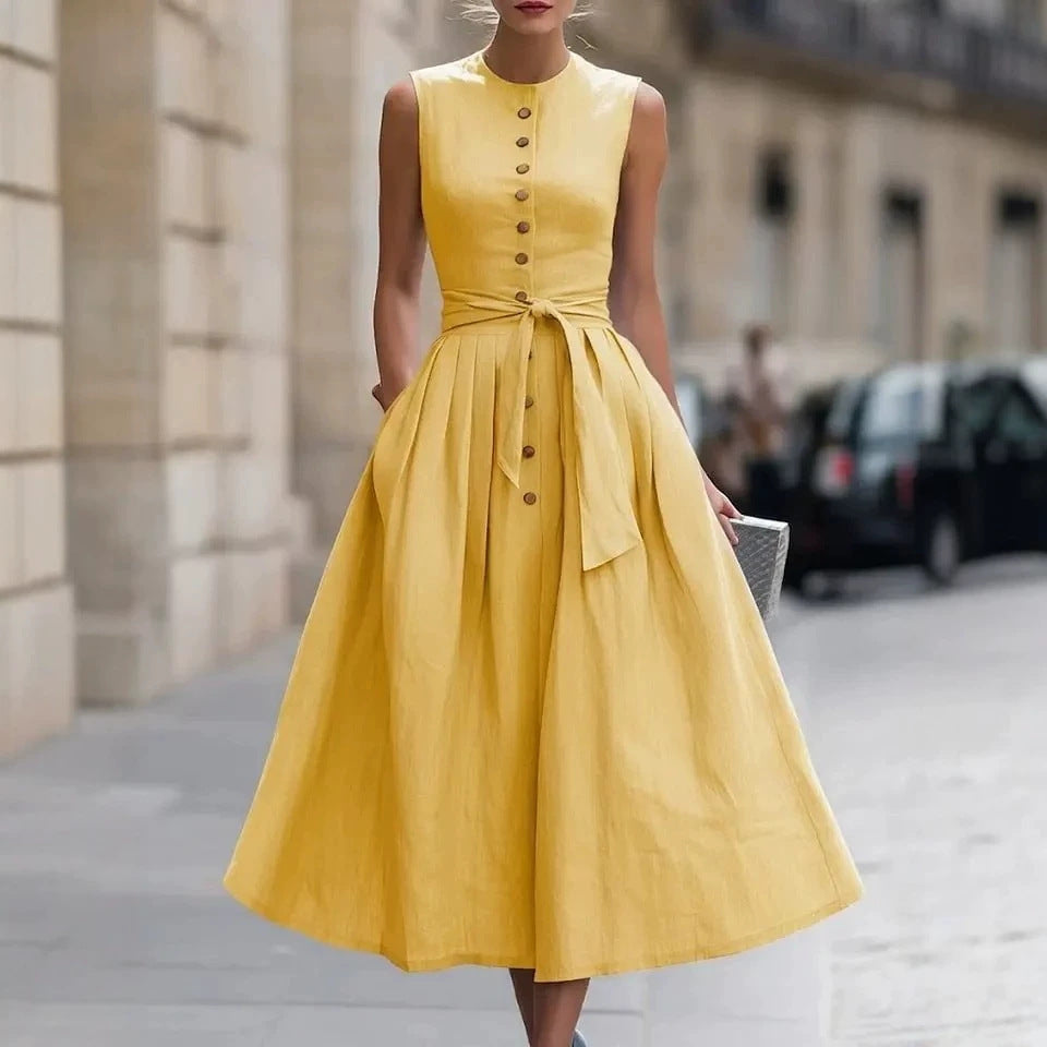 Fitted-waist, Sleeveless Cotton-linen Solid-color Maxi Dress 