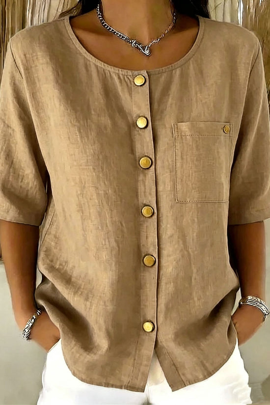 Womens Crew-Neck Shirt With Metal Buttons And Three-Quarter Sleeves 
