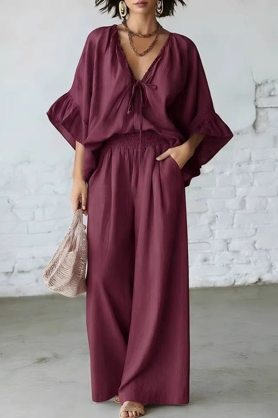 Loose-fit Cotton-linen V-neck Wide-leg Pants Two-piece Set 