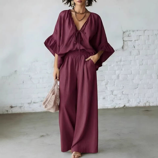 Loose-fit Cotton-linen V-neck Wide-leg Pants Two-piece Set 