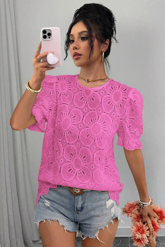 Casual Hollow-Out Lace Puff-Sleeve Shirt Top 