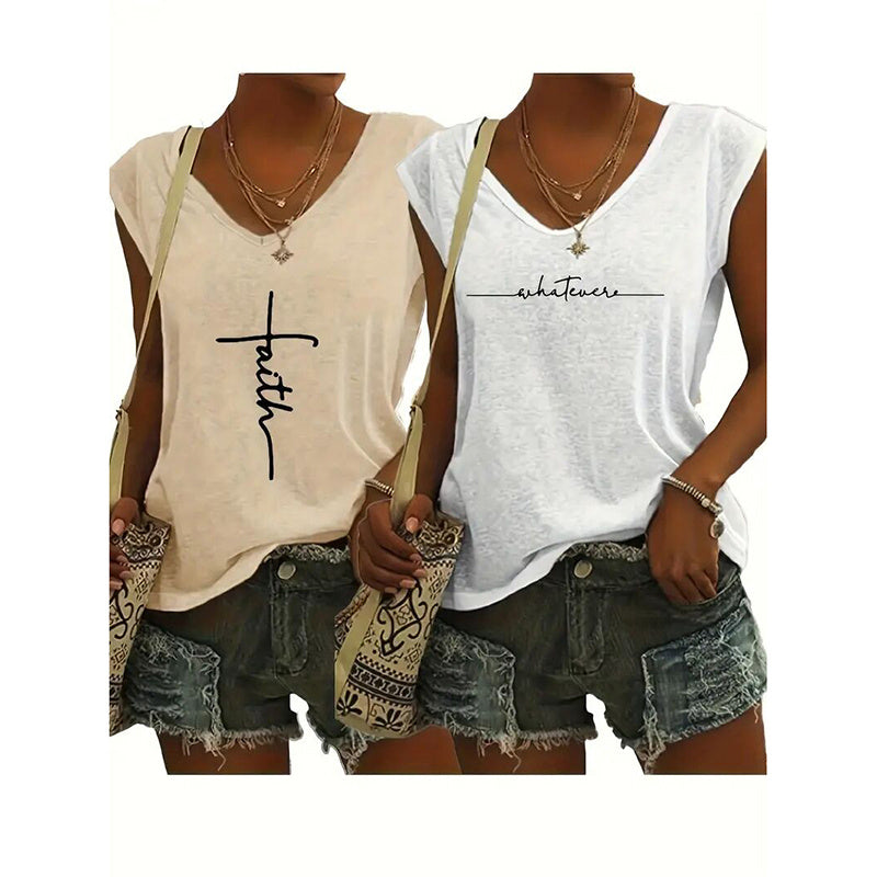 2Pack Women's V Neck Sleeveless Tank Tops Loose Fit Casual Summer Beach Shirts FitiqueFit