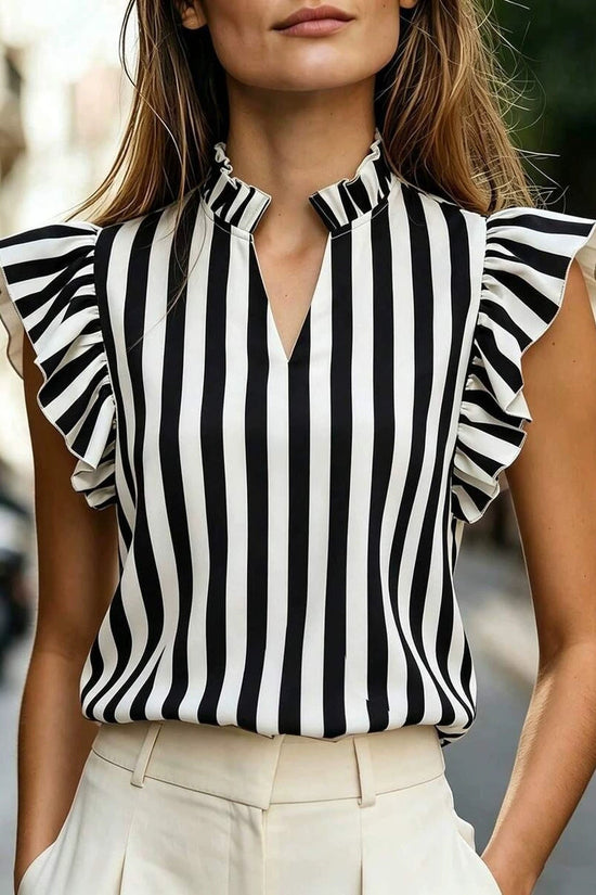 Women's Retro Ruffle-Trimmed Printed Sleeveless Shirt 