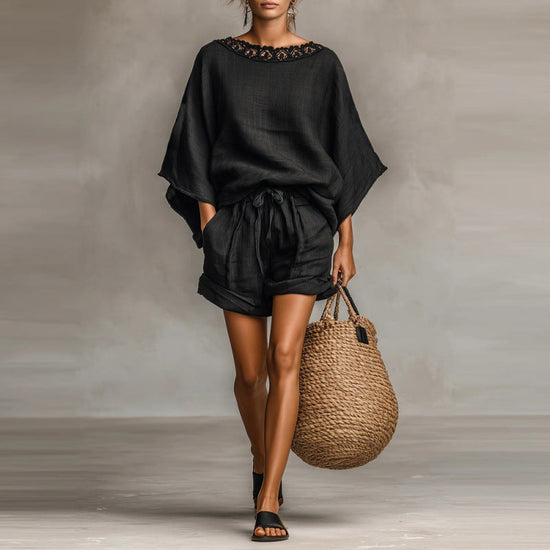 Loose-fitting Solid-color Casual T-shirt And Shorts Set 