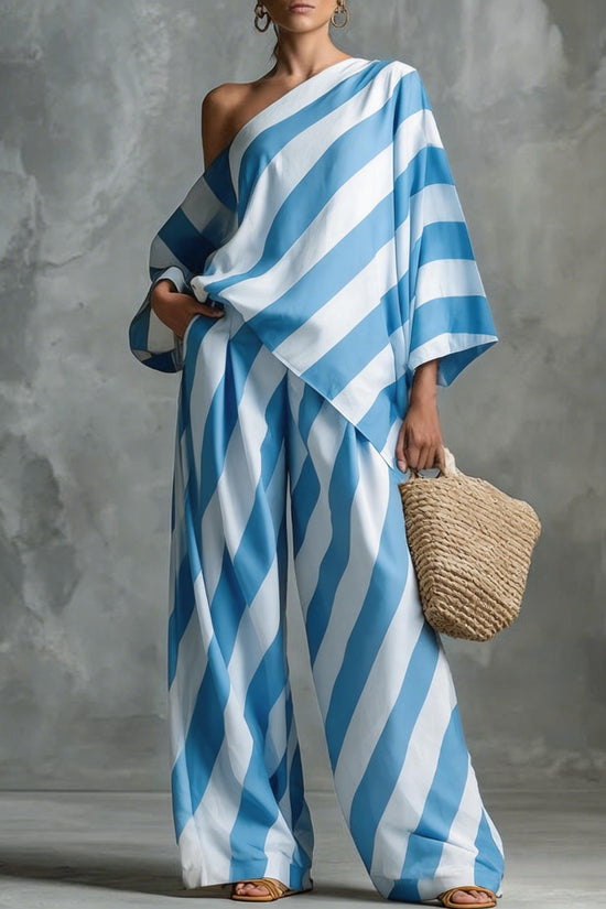 Retro Striped Printed Chiffon Top And Wide-leg Pants Set 
