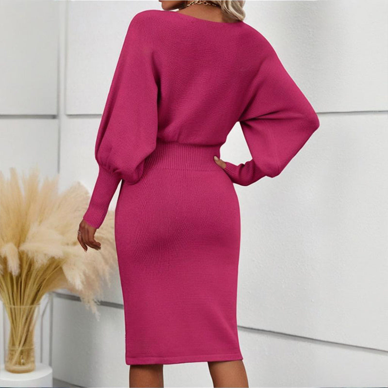 Women's Solid Color Round Neck Lantern Sleeve Bodycon Dress - Elastic Waist Knee-Length Knit Dress CJ US