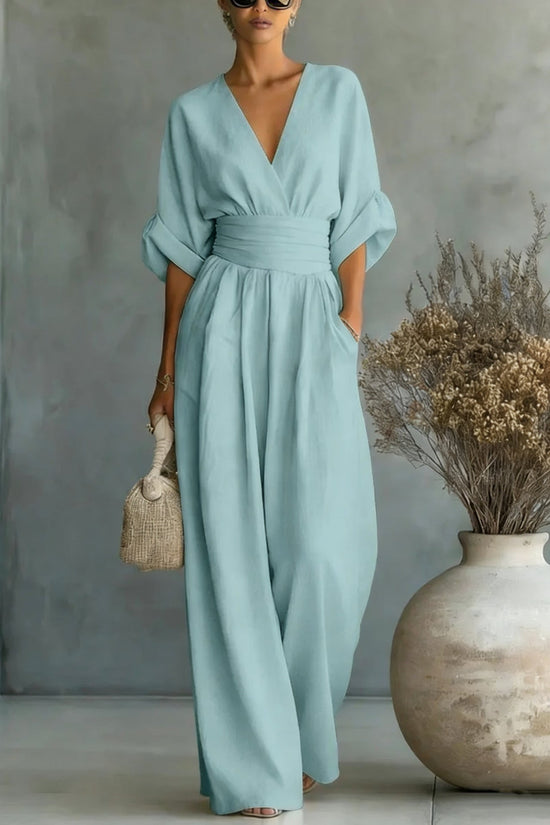 Summer Short-sleeved Jumpsuit Fashion Casual V-Neck Wide-Leg Pants Womens Clothing 