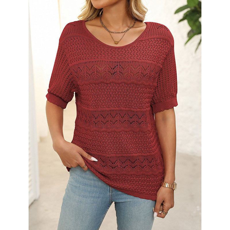 Women's Short Sleeve Sweater Tops Casual Crew Neck Crochet Knit Trendy Hollow Out Blouse T Shirts CJ US