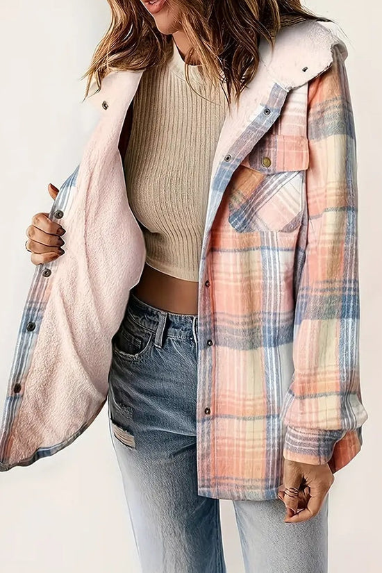 Women's Plaid Button-Up Long Sleeve Jacket Fall Winter  Flap Button Pocket Design Casual Hooded Fleece-Lined Warm Coat CJ US