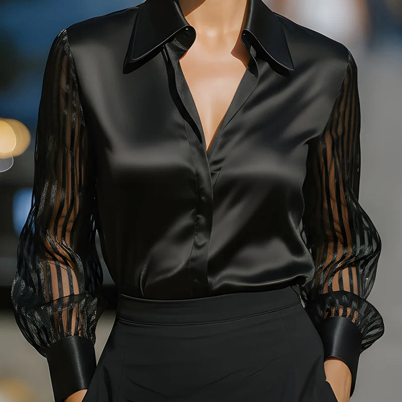 Elegant Women's Satin Blouse - Classic Lapel Collar, Sheer Long Sleeve, Button-Down Shirt With Smooth Flowy Design For Spring & Autumn Office Wear 