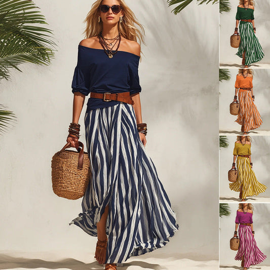 Off-shoulder Top And Slit Skirt Womens Set 