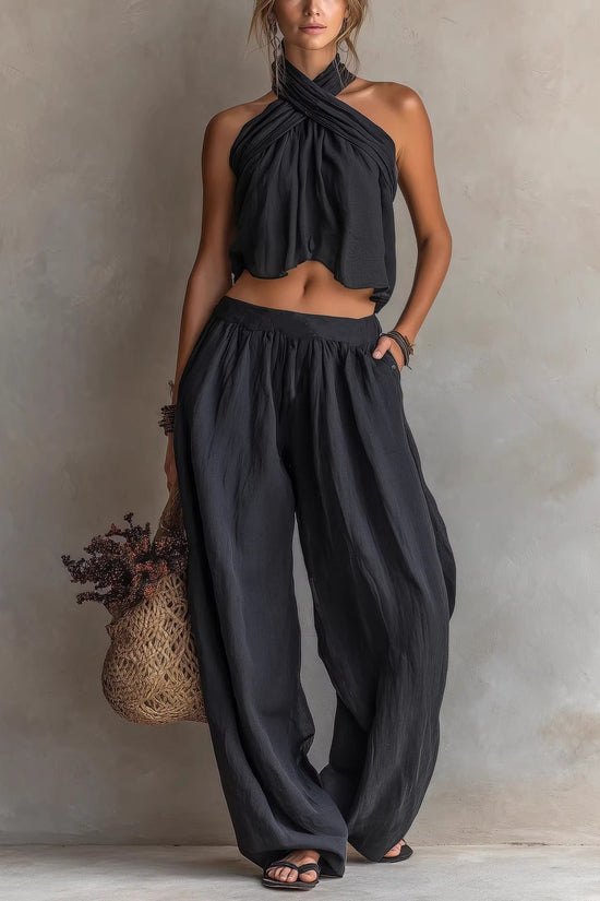 Womens Loose-Fit Sleeveless Top And Wide-Leg Pants Two-Piece Set 
