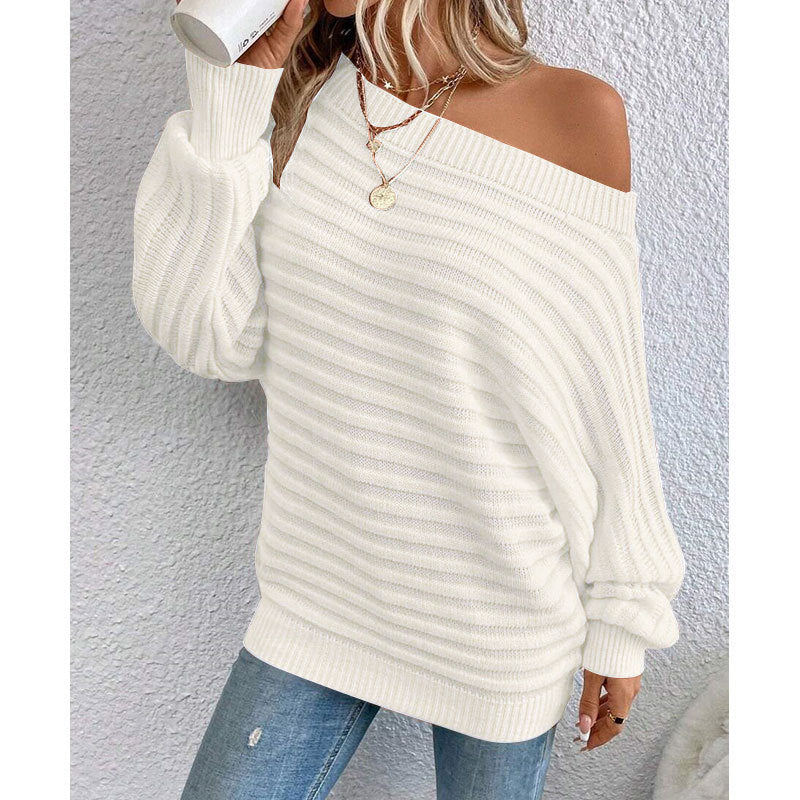 Off-Shoulder Batwing Sweater – Loose Knit Pull-Over for Fall CJ US