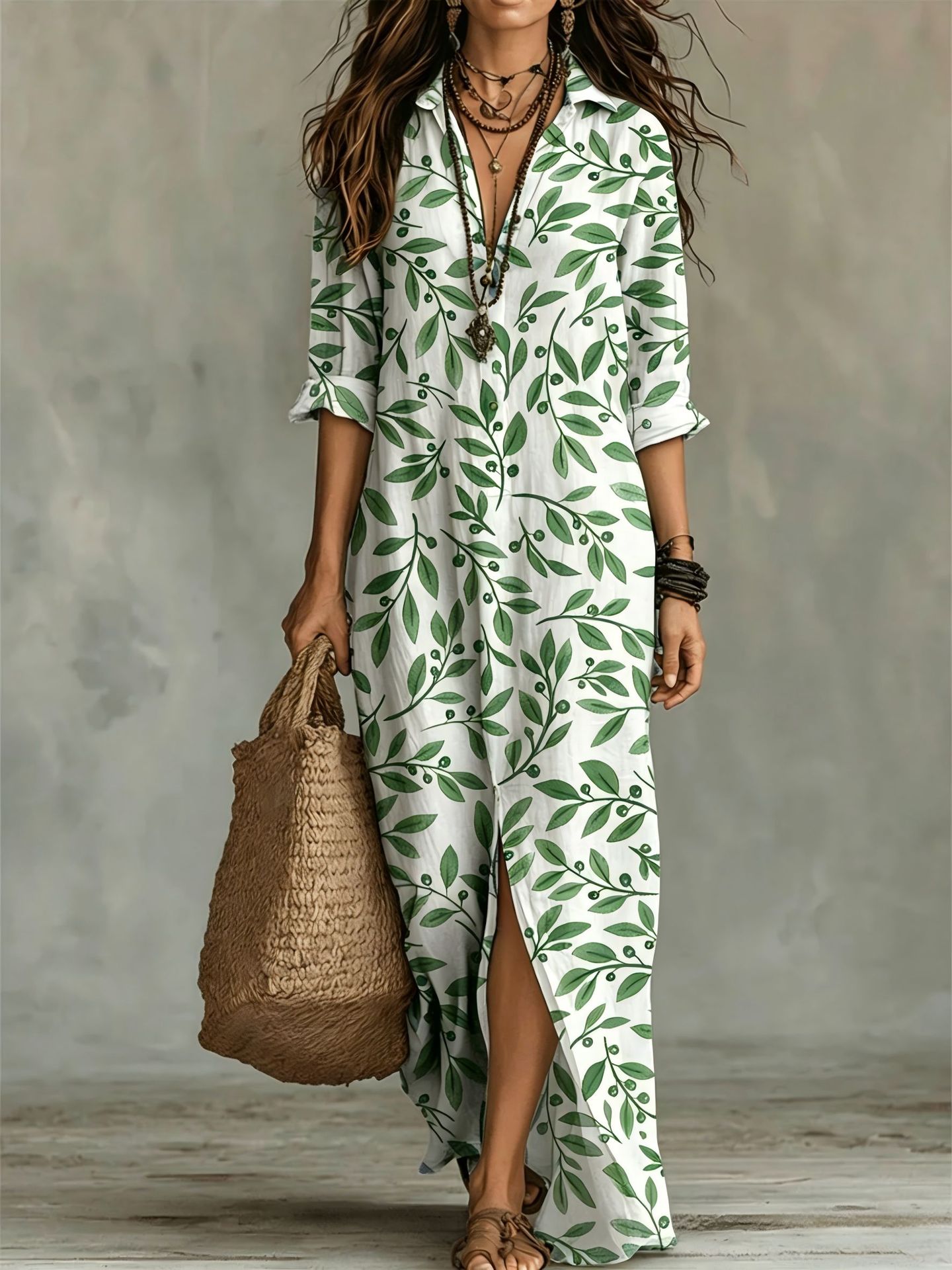 Casual Lapel-Neck Long Digital-Print Womens Shirt Dress 