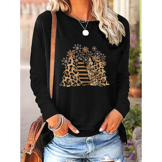 Women's Long Sleeve Merry Christmas T-Shirt, Cute Christmas Tree Graphic Tee, Funny Holiday Party Top CJ US