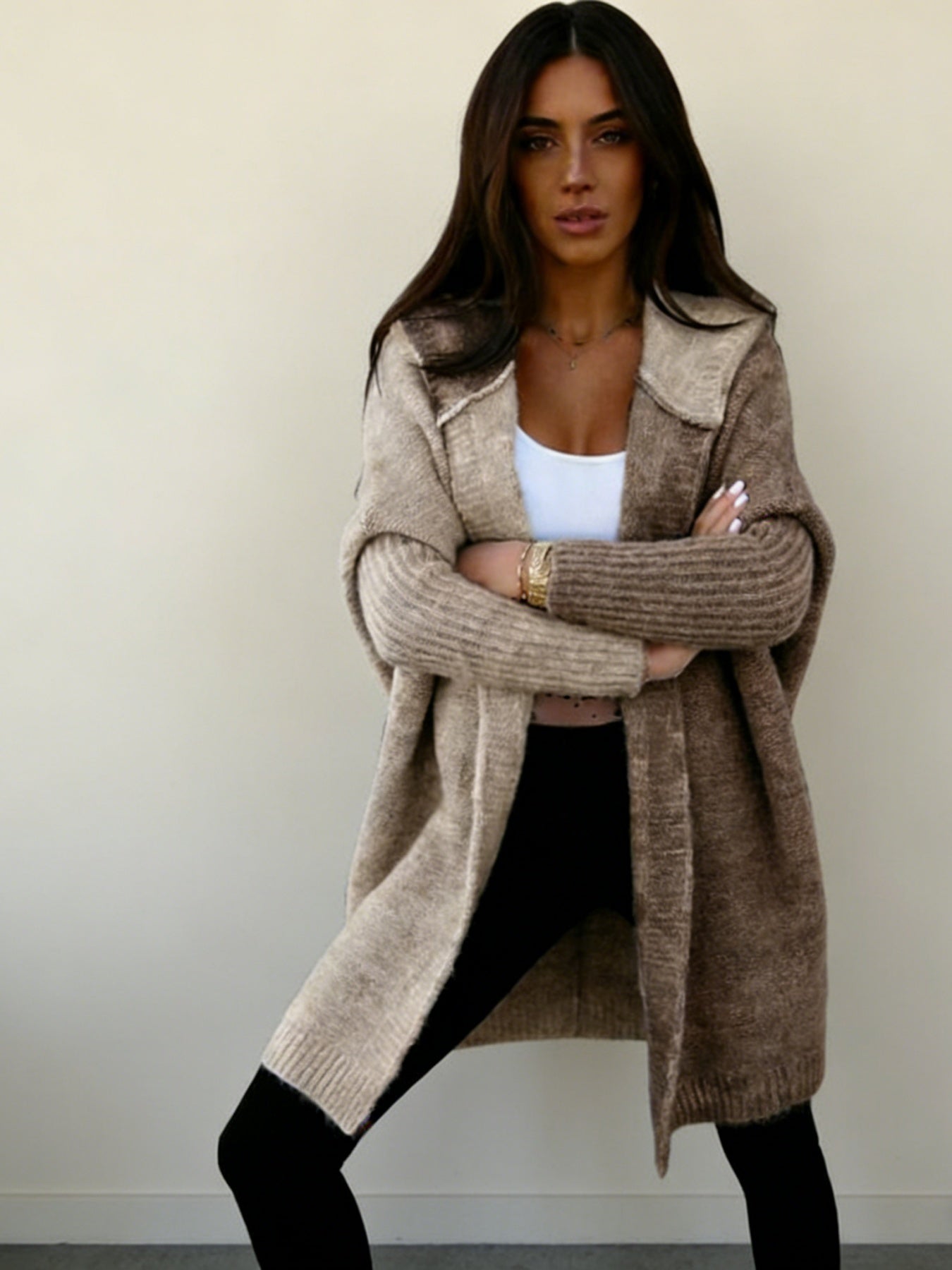 Women’s Color Block Hooded Knitted Cardigan – Plus Size Mid-Length Sweater Coat - FitiqueFit