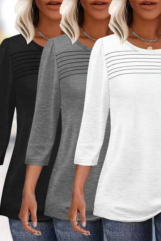 Women's 3-Pack 3 4 Sleeve Tunic Tops, Round Neck Pleated Blouse, Dressy Casual Shirts For Spring Summer Fall CJ US