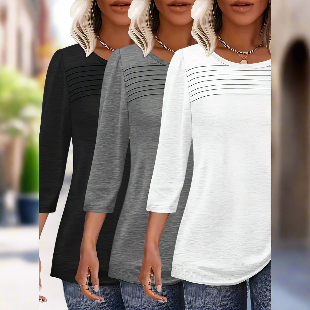 Women's 3-Pack 3 4 Sleeve Tunic Tops, Round Neck Pleated Blouse, Dressy Casual Shirts For Spring Summer Fall CJ US