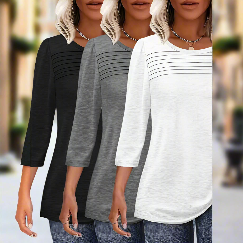 Women's 3-Pack 3 4 Sleeve Tunic Tops, Round Neck Pleated Blouse, Dressy Casual Shirts For Spring Summer Fall CJ US