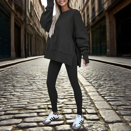 Women's Solid Color 2-Piece Set Casual Tracksuit, Long Sleeve Crewneck Sweatshirt With Side Slits & Slim Fit Jogger Pants CJ US