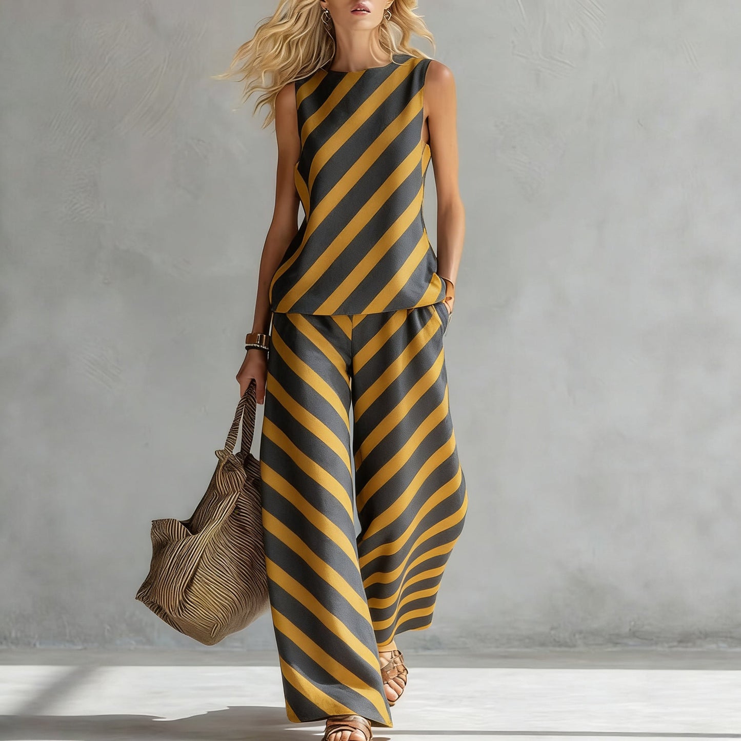 Women's Casual Sleeveless Printed Wide-Leg Pants Two-Piece Set 