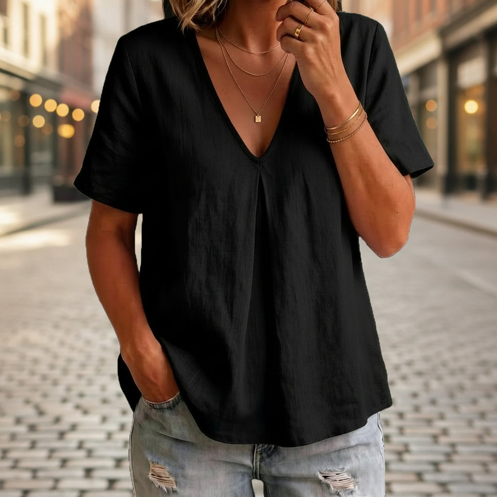 Women's Solid-Color Pleated Cotton-Linen Short-Sleeve Shirt T-Shirt 